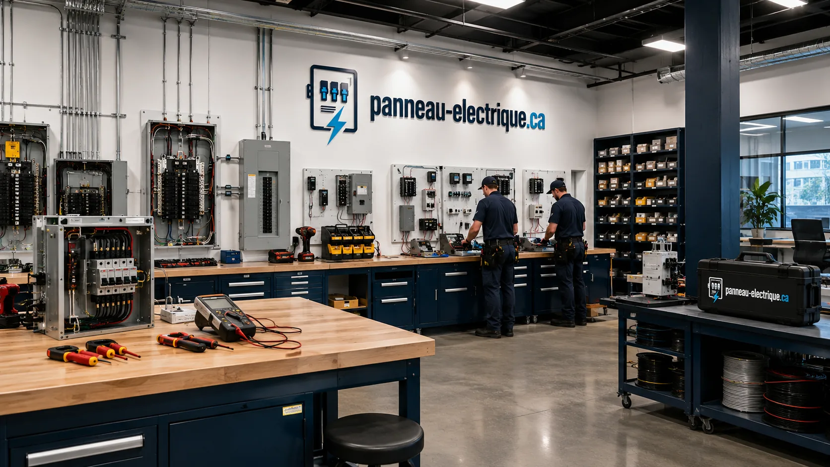 Atelier technique avec panneaux électriques de démonstration et établis d'assemblage